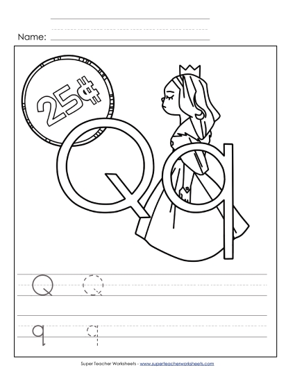 Trace and Print - Letter Q - Color and Write (Straight Q) (Printable PDF Worksheet)