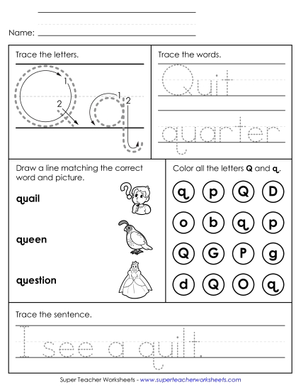 Letter Q: Mixed Skills - Letter Q - Mixed Skills (Intermediate) (Printable PDF Worksheet)