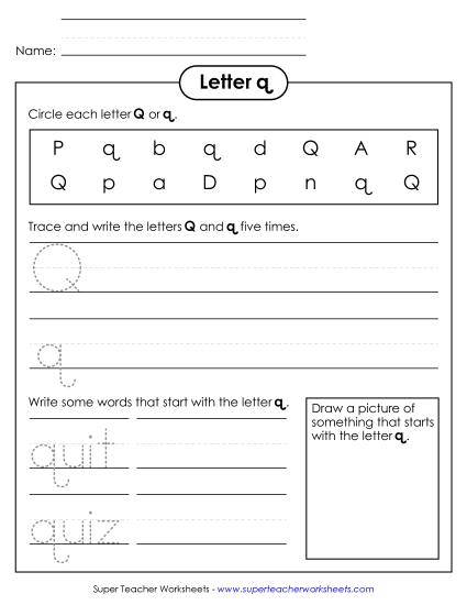 Worksheets - Letter Q q - Practice Sheet (Printable PDF Worksheet)