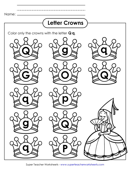 Letter Recognition - Letter Q q Recognition - Queen (Pointed Q) (Printable PDF Worksheet)