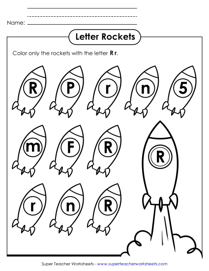 Letter Recognition - Letter R r Recognition - Rockets (Printable PDF Worksheet)