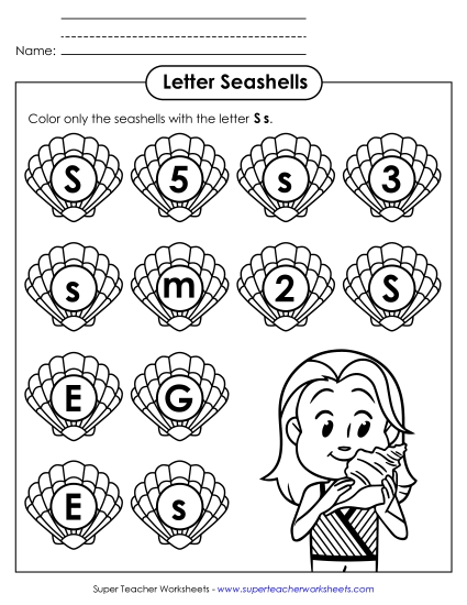 Letter Recognition - Letter S s Recognition - Seashells (Printable PDF Worksheet)
