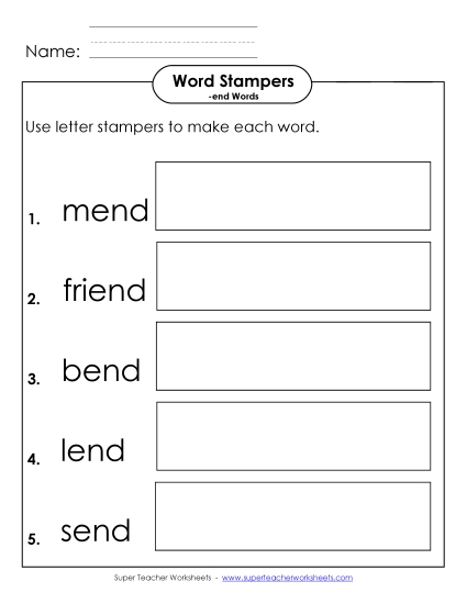 Worksheets - Letter Stampers Activity (-end Words)  (Printable PDF Worksheet)