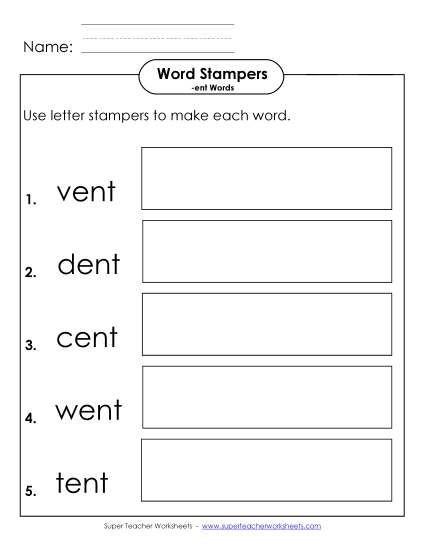 Worksheets - Letter Stampers Activity (-ent Words)  (Printable PDF Worksheet)