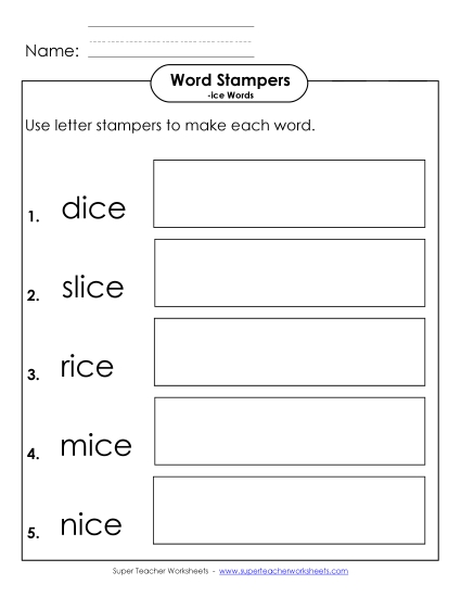 Worksheets - Letter Stampers Activity (-ice Words)  (Printable PDF Worksheet)