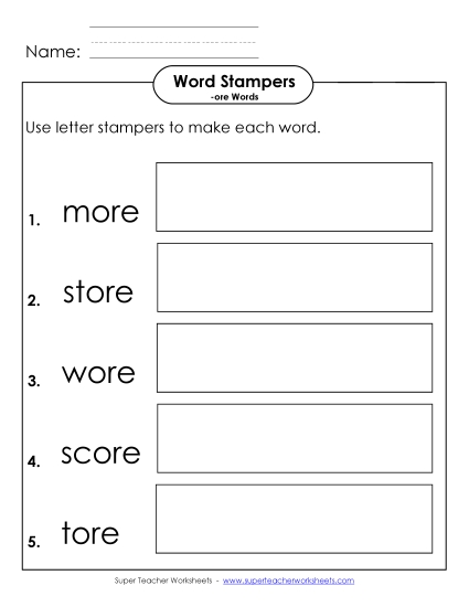 Worksheets - Letter Stampers Activity (-ore Words)  (Printable PDF Worksheet)