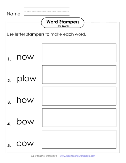 /ow/ Sound (as in Cow) - Letter Stampers Activity (-ow Words) (Printable PDF Worksheet)