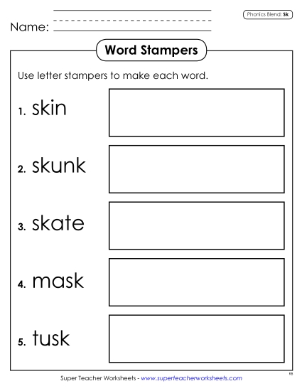 Games & Learning Activities - Letter Stampers (Sk- Words) (Printable PDF Worksheet)