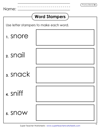 Games & Learning Centers - Letter Stampers (Sn- Words)  (Printable PDF Worksheet)