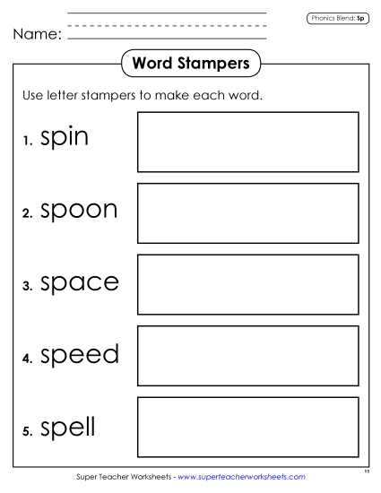 Games & Learning Centers - Letter Stampers  (Sp- Words) (Printable PDF Worksheet)