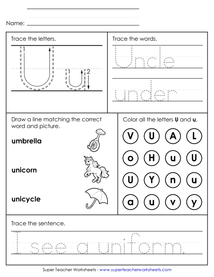 Letter U: Mixed Skills - Letter U - Mixed Skills (Intermediate) (Printable PDF Worksheet)