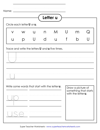 Worksheets - Letter U u - Practice Sheet (Printable PDF Worksheet)