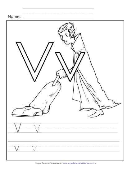 Trace and Print - Letter V - Color and Write (Printable PDF Worksheet)