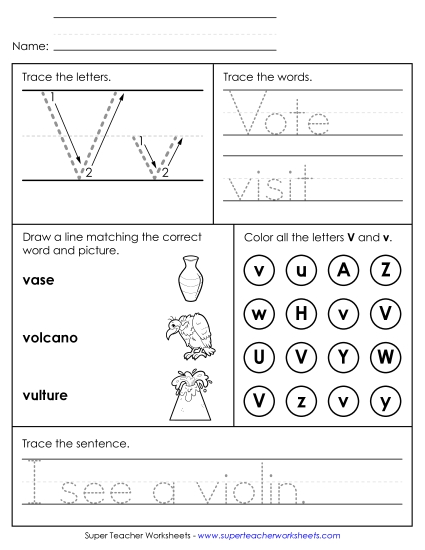 Letter V: Mixed Skills - Letter V - Mixed Skills (Intermediate) (Printable PDF Worksheet)