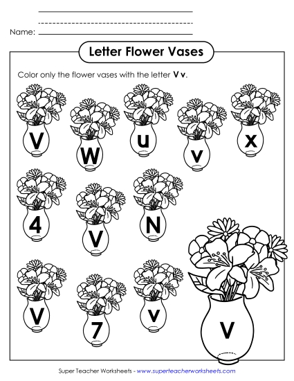 Letter Recognition - Letter V v Recognition - Vases (Printable PDF Worksheet)