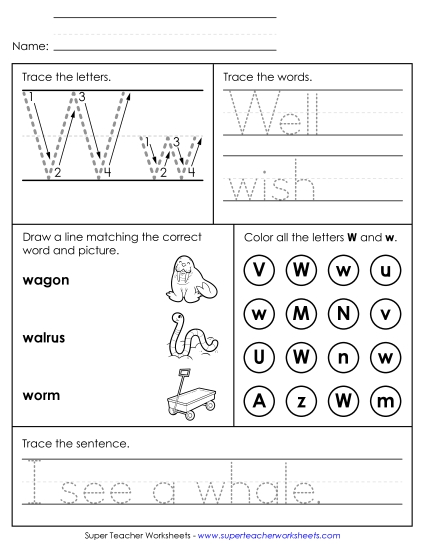 Letter W: Mixed Skills - Letter W - Mixed Skills (Intermediate) (Printable PDF Worksheet)