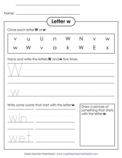 Worksheets - Letter W w - Practice Sheet (Printable PDF Worksheet)