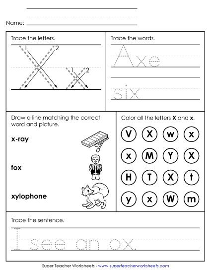 Letter X: Mixed Skills - Letter X - Mixed Skills (Intermediate) (Printable PDF Worksheet)