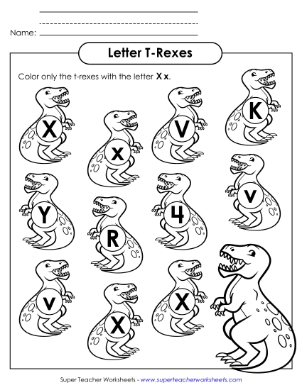 Letter Recognition - Letter X x Recognition - T-Rex (Printable PDF Worksheet)