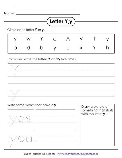 Trace and Print - Letter Y y - Practice Sheet (Printable PDF Worksheet)