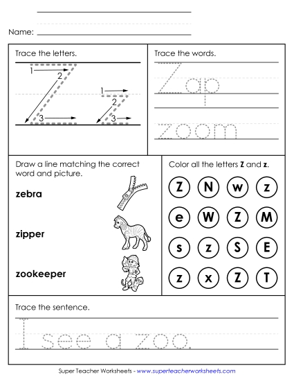 Letter Z: Mixed Skills - Letter Z - Mixed Skills (Intermediate) (Printable PDF Worksheet)