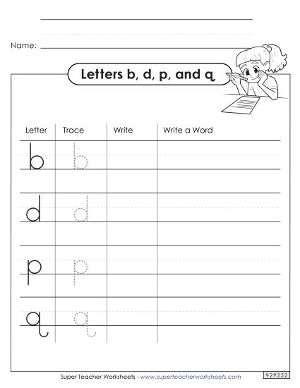 Letters b, d, q, and p - Letters b, d, p, and q (Printable PDF Worksheet)