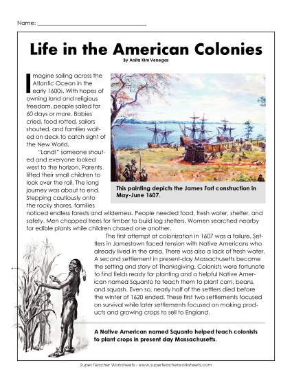 Nonfiction Articles - Life in the American Colonies (Printable PDF Worksheet)