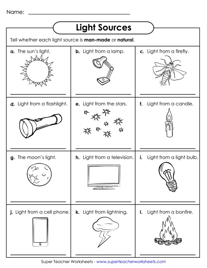Light - Light Sources Man-Made vs Natural (Printable PDF Worksheet)