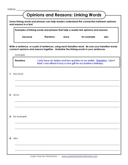 Opinions & Reasons: Linking Words - Linking Words: Opinion & Reasons (Printable PDF Worksheet)