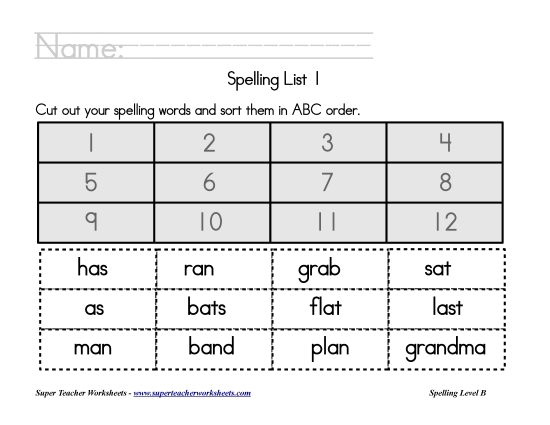 List B-1 - List 1:  ABC Order (Printable PDF Worksheet)