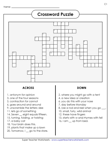 List C-1 - List 1:  Crossword Puzzle (Printable PDF Worksheet)