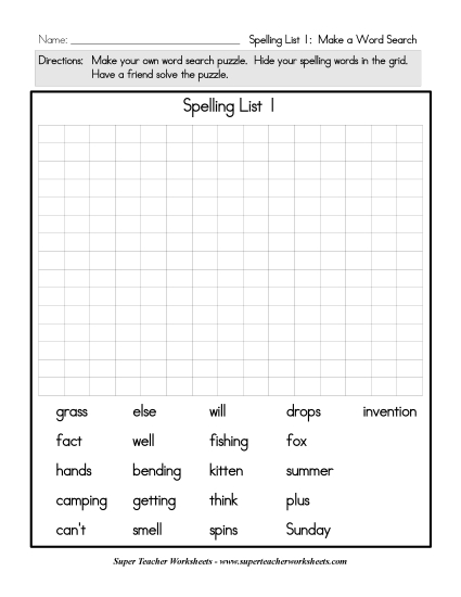 List C-1 - List 1:  Make a Word Search Grid (Printable PDF Worksheet)