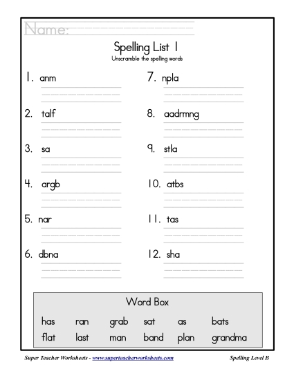 List B-1 - List 1: Word Scramble (Printable PDF Worksheet)