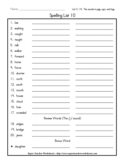 List C-10 - List 10: Word List (Printable PDF Worksheet)
