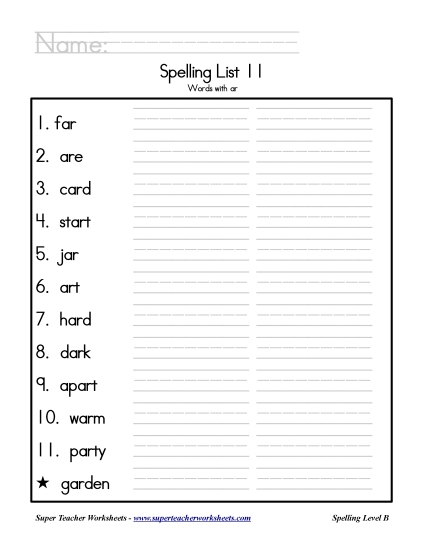 List B-11 - List 11: Word List (Printable PDF Worksheet)