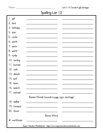 List C-12 - List 12: Word List (Printable PDF Worksheet)