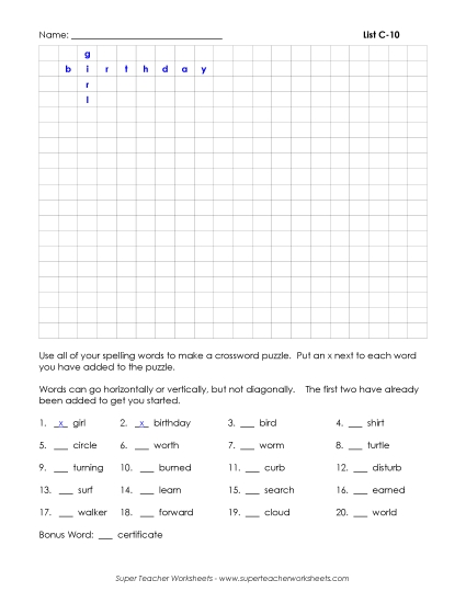 List C-12 - List 12:&nbsp; Make a Crossword (Printable PDF Worksheet)