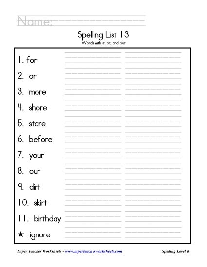List B-13 - List 13: Word List (Printable PDF Worksheet)
