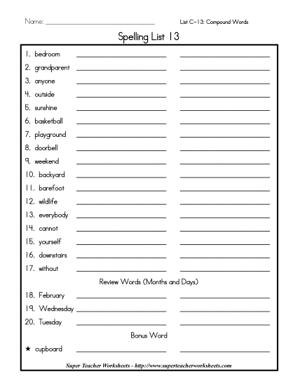 List C-13 - List 13: Word List (Printable PDF Worksheet)