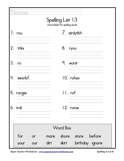 List B-13 - List 13: Word Scramble (Printable PDF Worksheet)