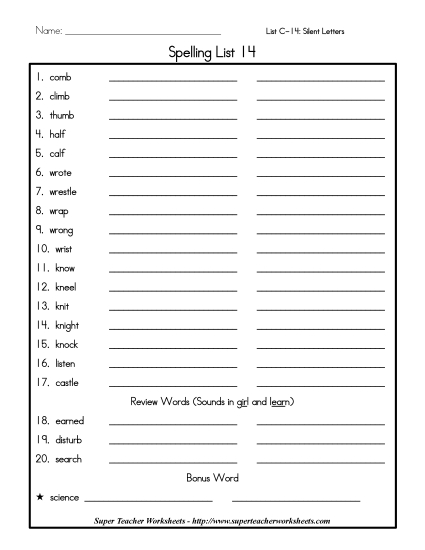 List C-14 - List 14: Word List (Printable PDF Worksheet)