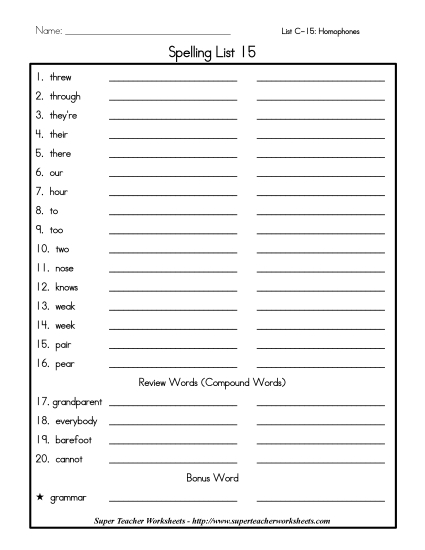List C-15 - List 15: Word List (Printable PDF Worksheet)