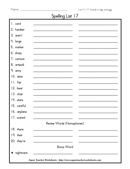 List C-17 - List 17: Word List (Printable PDF Worksheet)