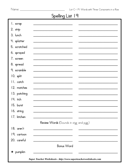 List C-19 - List 19: Word List (Printable PDF Worksheet)