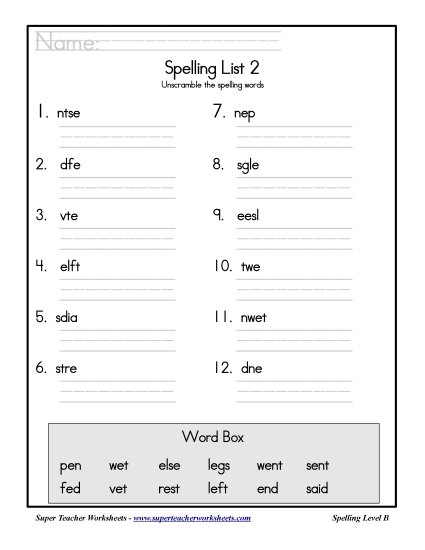 List B-2 - List 2: Word Scramble (Printable PDF Worksheet)