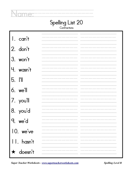 List B-20 - List 20: Word List (Printable PDF Worksheet)