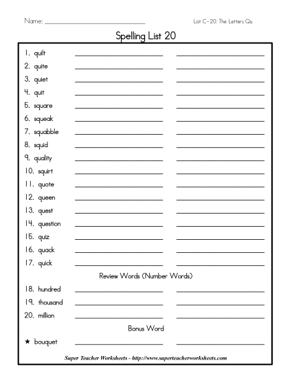List C-20 - List 20: Word List (Printable PDF Worksheet)
