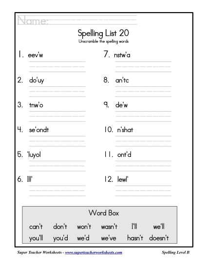 List B-20 - List 20: Word Scramble (Printable PDF Worksheet)