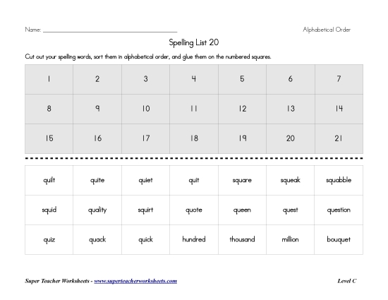 List C-20 - List 20:&nbsp; ABC Order (Printable PDF Worksheet)