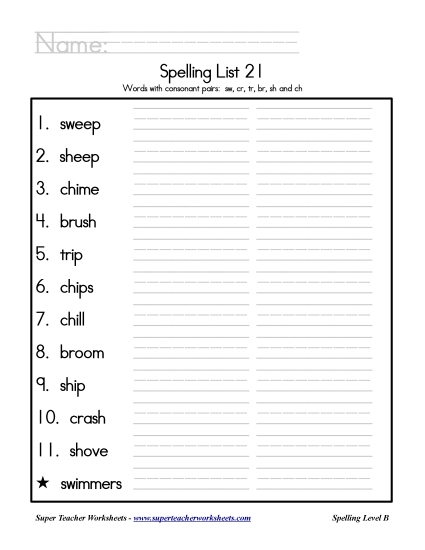 List B-21 - List 21: Word List (Printable PDF Worksheet)